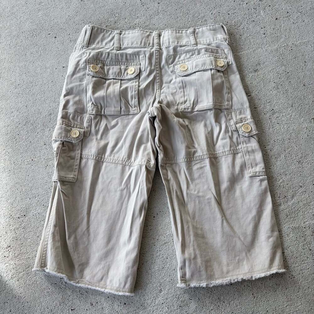 Squeeze Jeans Women Beige Cotton Cargo Capri Shorts Size 9/10 Raw Hem